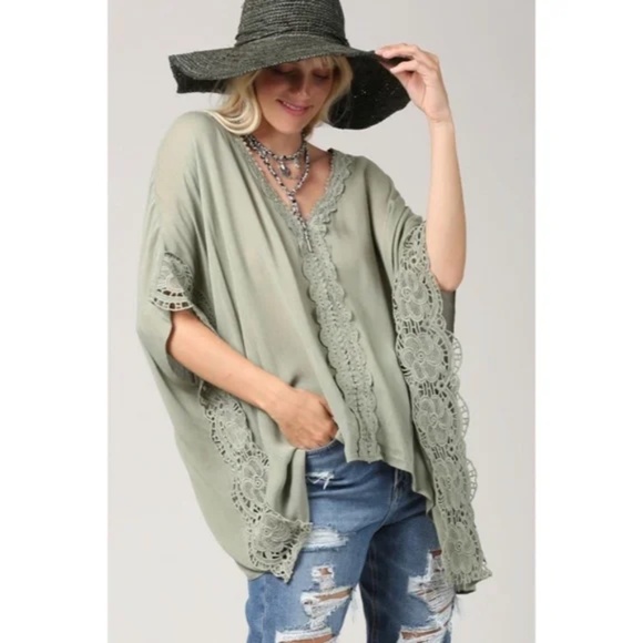 Olive Green Yoryu V-Neck Lace Trim Kimono Blouse Bohemian Casual Top - Picture 1 of 4